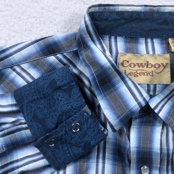 Cowboy Legend Western Shirt Mens  M / L Blue Plaid Pearl Snap Flip‎ Cuff Rodeo - Picture 2 of 13